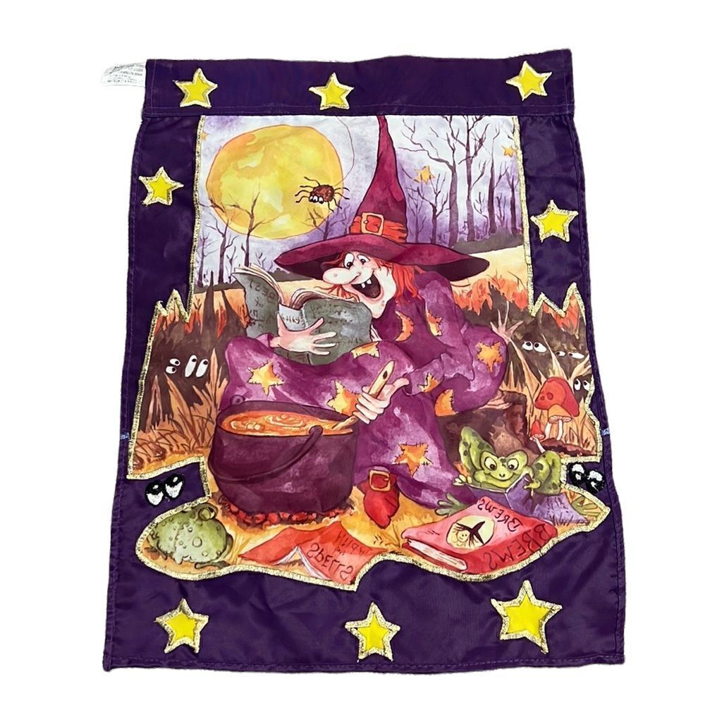 Vintage Halloween Witch Garden Flag Embroidered Purple Spooky Decor